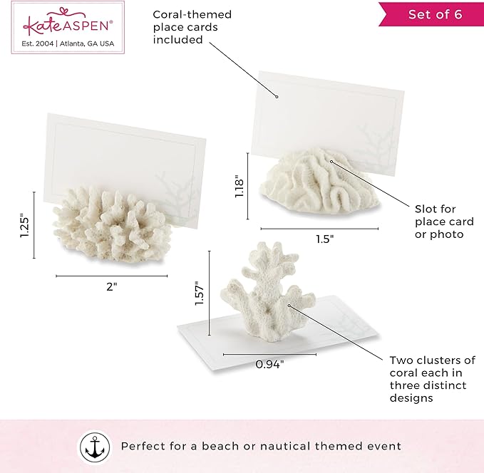 Kate Aspen Seven Seas Coral Place Card Holders - Set of 6 Coastal-Inspired Table Place Cards with Holders - Beach Wedding Decorations - Nautical Table Decor - Wedding Favors for Guests