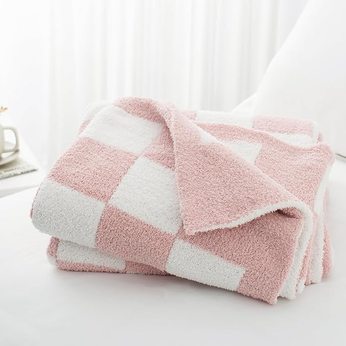 Carriediosa Checkered Throw Blanket 90" X 90" Queen, 400GSM Ultra Soft Microfiber Fuzzy Fluffy Reversible Cute Preppy Knitted Blankets Cozy Plush Fall Throws for Couch, Bed, Sofa, Dusty Pink