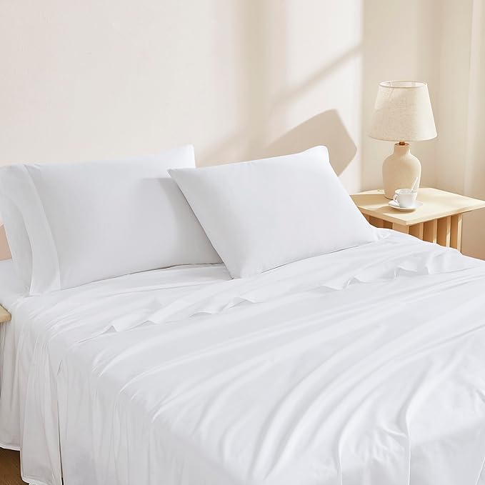 Linen Closet Organic 100% Cotton Twin XL Bed Sheet 3 Pcs Set– Arctic White Crisp Percale, Deep Pocket up to 16” – Lightweight, Breathable & Naturally Cooling – Ideal for College Dorm, Soft & Comfy