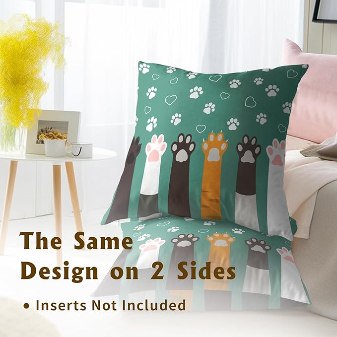 Paw Print Throw Pillow Cover - Colorful Dogs Cat Paws Pillow Covers 16x16 Inches Set of 2 Pillowcases Pet Footprint Cushion Cover for Sofa Home