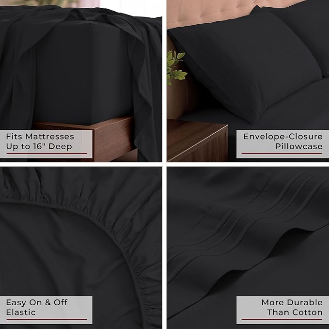 Mellanni King Sheets Set - 4 PC Iconic Collection Bedding - Hotel Luxury, Extra Soft, Cooling Bed Sheets - Wrinkle, Fade, Stain Resistant (King, Black)