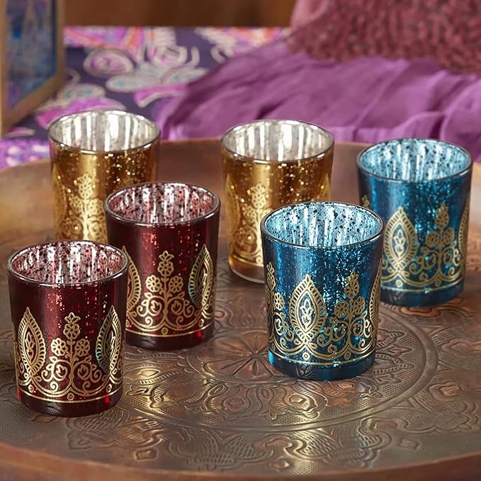 Kate Aspen 20205NA Tealight Henna Glass Votive Candle Holders, Indian Wedding Decorations and Party Favors (Set of 6), Assorted