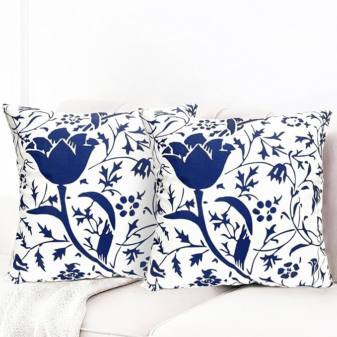 Decorative Throw Pillow Covers Set of 2 Blue Pillow Covers 16x16 inch Short Plush Couch Pillow Cases Floral Throw Pillows,Farmhouse Outdoor Pillow Covers for Sofa Living Room Cushion Covers