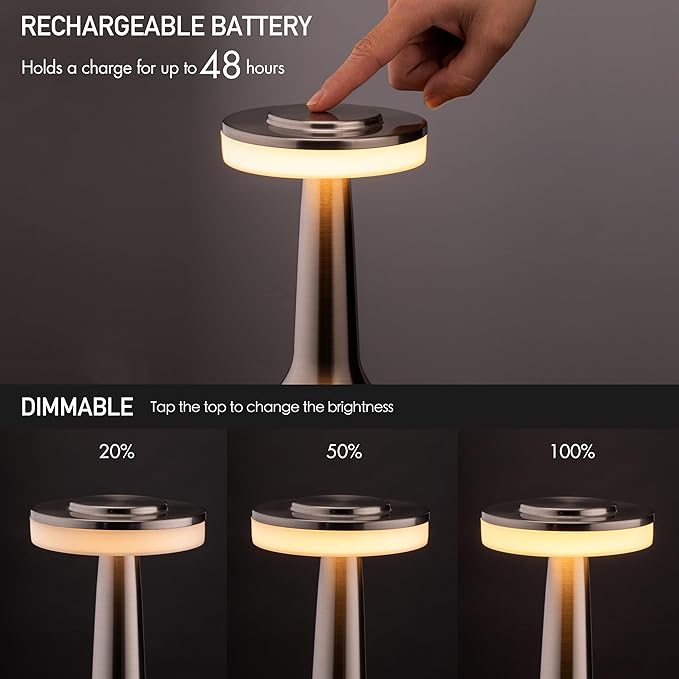 O’Bright Portable LED Table Lamp with Touch Sensor, 3-Levels Brightness, Rechargeable Battery Up to 48 Hours Usage, Night Light for Kids Nursery, Nightstand Lamp, Bedside Lamp (Silver)