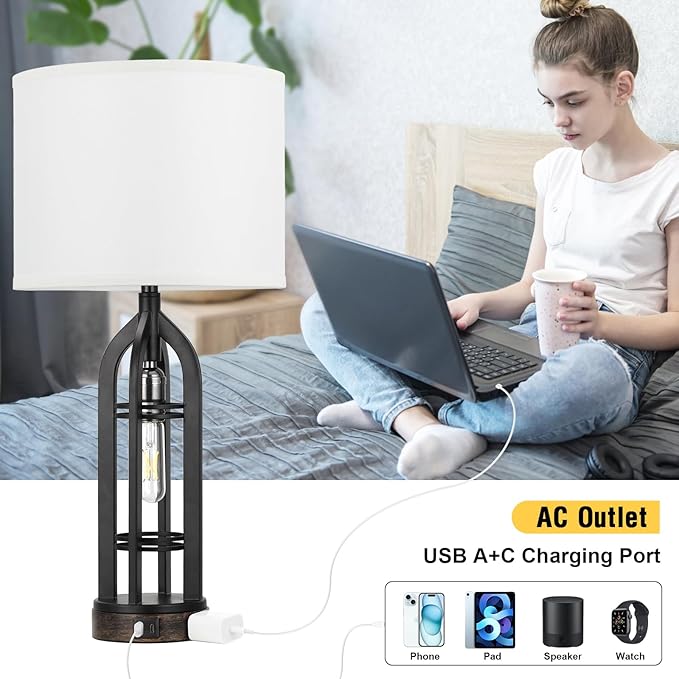 Seealle Table Lamp for Living Room Set of 2 - Bedside Lamp for Bedroom with USB C+A & Outlet, Farmhouse Lamps for Night Stands, 3-Way Dimmable Touch Lamps for Living Room with White Shade