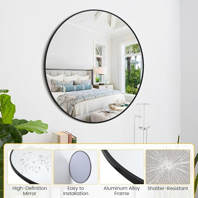 20 Inch Black Round Wall Mirror, Circle Mirror Metal Frame for Bathroom, Vanity, Entryway, Bedroom, Living Room, Wall Mounted Modern Rustic Decor