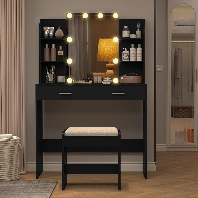 usikey Vanity Desk with Mirror & Lights, Makeup Vanity Table with 2 Large Drawers, 6 Storage Shelves & Stool, Bedroom Dressing Vanity Table with 3 Color Light Adjustable, Black