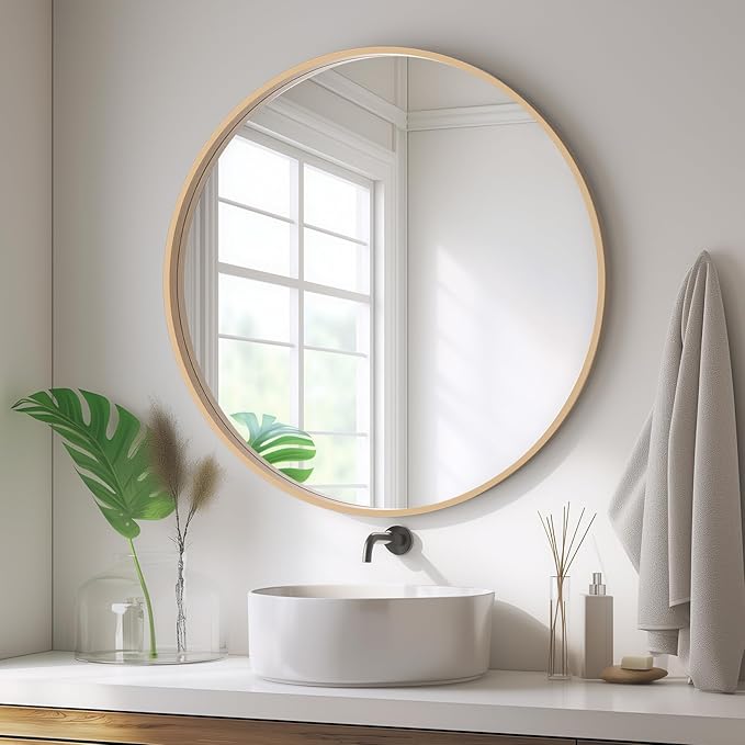 HOMECOOKIN Round Wood Mirror, 28" Round Bathroom Wall Mirror Circle Mirrors for Wall Decor, Vanity, Living Room, Bedroom, Entryway, Natural