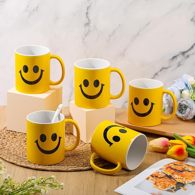 Hushee 8 Pcs Smile Face Coffee Mugs Bulk 11 oz Ceramic Happy Face Cup Yellow Coffee Mug Birthday Party Gifts Funny Supplies