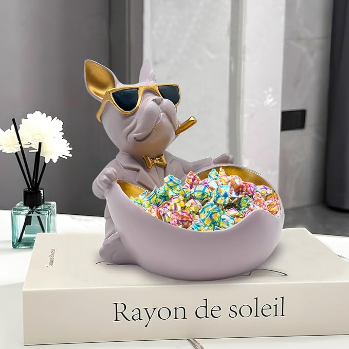 Bulldog Candy Bowl Decor, Heart-shaped Key Holder Bowl Candy Dish, Bulldog Accessories, Resin Bulldog Statue for Office Desk Home Decor Figurines Entryway Table Decor (Purple Grey)