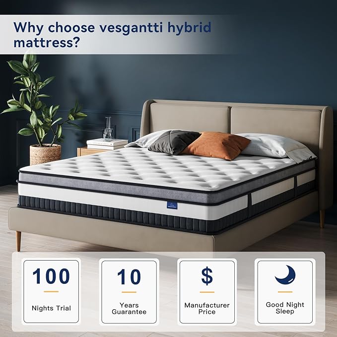 Vesgantti California King Mattress 10 Inch Innerspring Multilayer Hybrid Cal King Size Mattress - Ergonomic Design with Memory Foam and Pocket Spring Mattresses - Box Top Series Medium Firm Feel