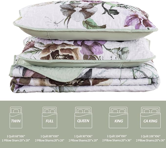 Floral Quilt Set Full 3 Pieces Boho Green Floral Quilt Coverlet Set Soft Microfiber Lightweight Green Quilted Bedspread for All Season 80"x90"