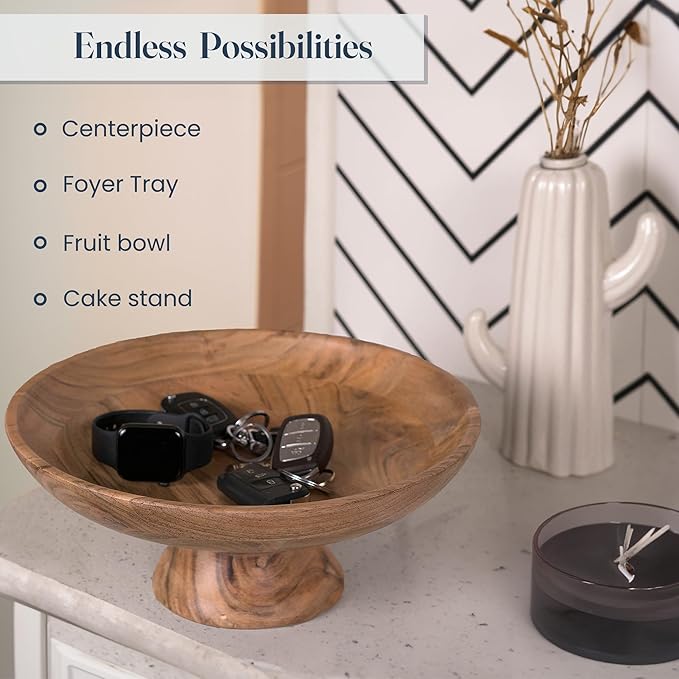 The Fine Living Co. Wooden Fruit Bowl, 12 inch Large Serving Platter for Dessert, Round Serving Bowl for Cake, Snacks, Acacia Wood Bowls for Centrepiece, Wedding, Natural, 12"x2"