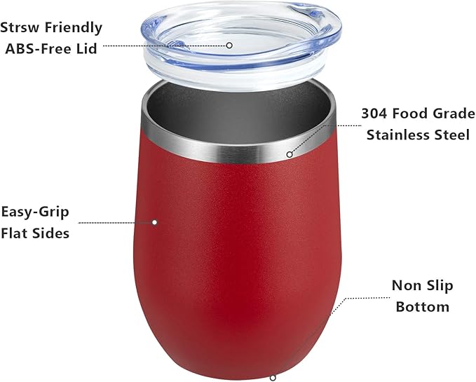 MEWAY Stemless 12oz Wine Tumbler Glasses with Lid -Insulated Double Wall Vacuum Stainless Steel Travel Tumbler with Straw,for Woman Under 10 dollars (Red,1)