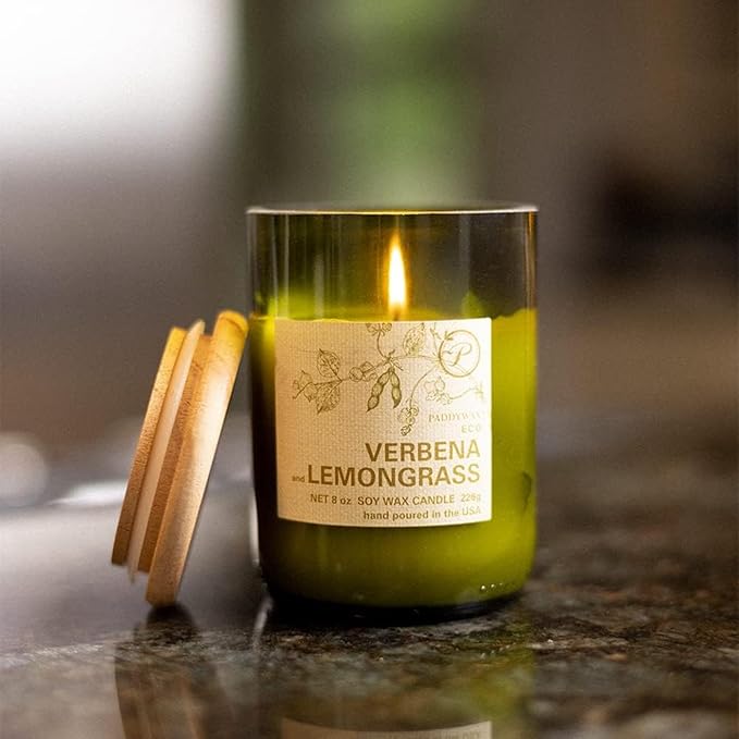 Paddywax Eco Collection Scented Soy Wax Candle in Glass Jar, Verbena & Lemongrass Fragrance, Green Vessel with Wood Lid, 8 oz