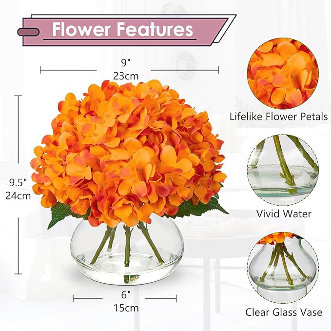 Hollyone Hydrangea Artificial Flowers in Vase Orange Silk Fake Flowers Arrangements with Glass Vase with Faux Water Faux Floral Bulk Bouquet for Office Table Centerpiece Shelf Home Decoration