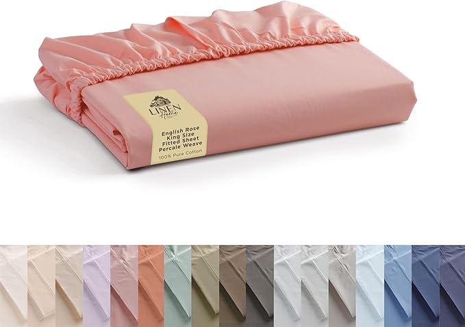 Linen Home 100% Cotton Percale Weave Fitted Sheet, King Size, English Rose, 1 Deep Pocket Fitted Sheet, Fits Mattress Upto 16" Crisp and Cool Strong Bed Linen, 78"X80"+15"