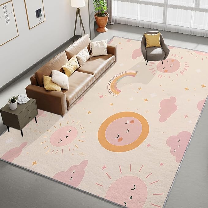 Area Rugs for Living Room 4x6 ft Cartoon Sun Rainbow Non Slip Area Rug, Ultra Soft Low-Pile Floor Carpet, Durable Washable Rug for Bedroom, Dining Room, Home Office