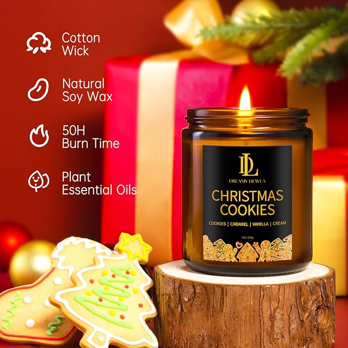 Christmas Cookies Scented Candle, Natural Soy Candles for Home Scented, 7oz Holiday Candle with 50hr Burn Time, Aromatherapy Candles Christmas Holiday Gifts for Women Men