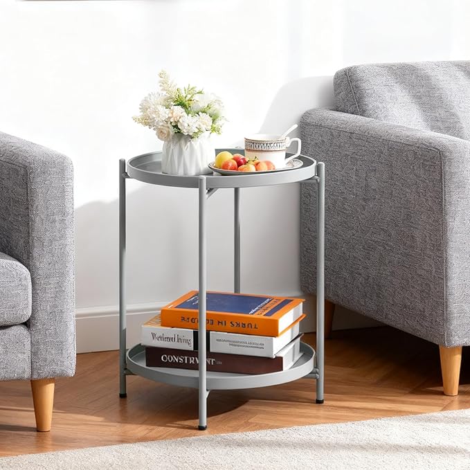 HollyHOME 2-Tier Round Side Table, Outdoor Small Folding Accent Stand with Removable Tray, Anti-Rust Metal Asional Table for Balcony Patio Living Room, Nightstand for Bedroom(Grey)