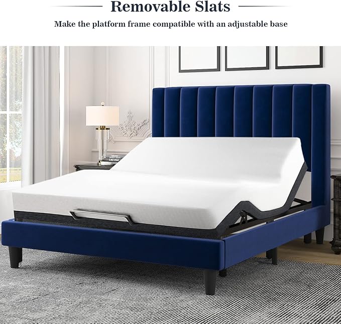 Allewie Full Platform Bed Frame/Velvet Upholstered Bed Frame with Vertical Channel Tufted Headboard/Strong Wooden Slats/Mattress Foundation/Box Spring Optional/Easy Assembly/Navy Blue