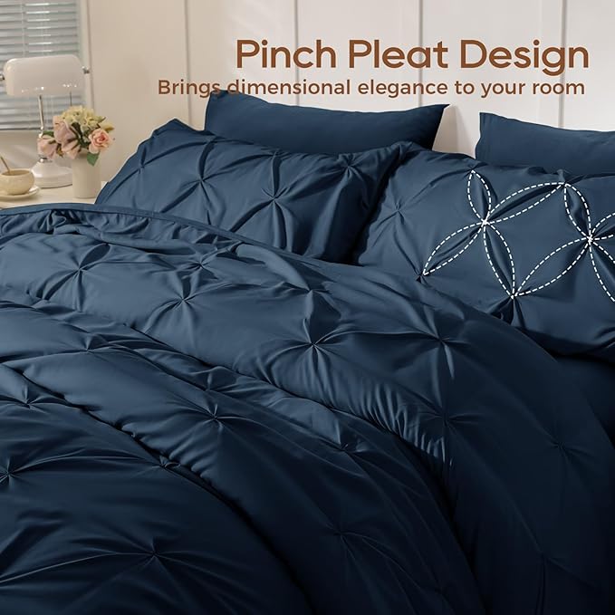 Sasttie Twin Comforter Set, 5-Piece Bed in a Bag, Pintuck Bedding Sets for All Season, Includes Comforter, Flat Sheet, Fitted Sheet, Pillowcase and Pillowsham, Navy