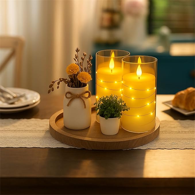 Amber Flickering Flameless Candles with Remote Timer, 6 pcs LED Battery Operated Candles with String Lights, Same Size D3 H6