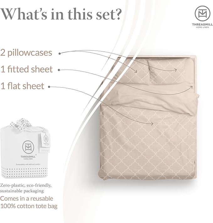 Threadmill 100% Cotton Sheets for King Size Bed | 4 Pc King Bed Sheets Set | Soft, Breathable Lightweight Damask Sateen for All-Season Use | Snug Fit Elastic Deep Pocket King Sheets | Beige