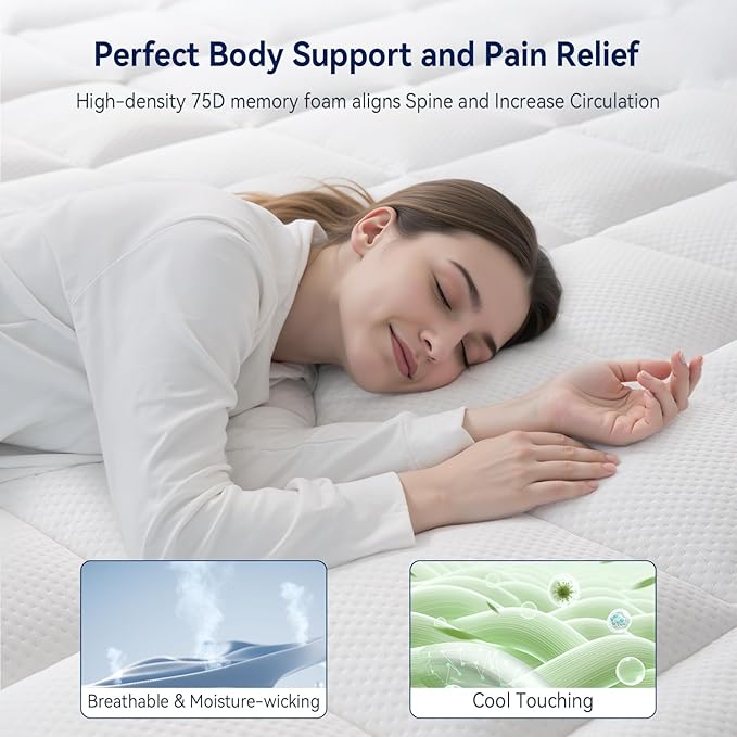 ELEMUSE Full XL Dual Layer 3 Inch Memory Foam Mattress Topper, 2 Inch Cooling Gel Memory Foam and 1 Inch Thick Soft Pillow Top Mattress Pad Cover for Back Pain Relief, Side Sleep Bed Topper