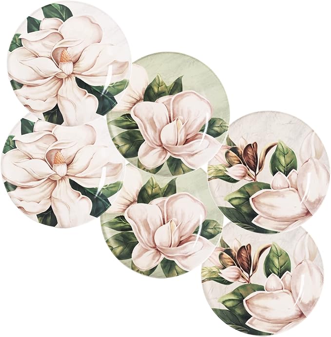 Bico Magnolia Floral Appetizer Plates Set of 6, 6 Inch Small Ceramic Dessert Plates for Snacks, Salad, Tablescape, Microwave and Dishwasher Safe, Gift for Housewarming and Thanksgiving