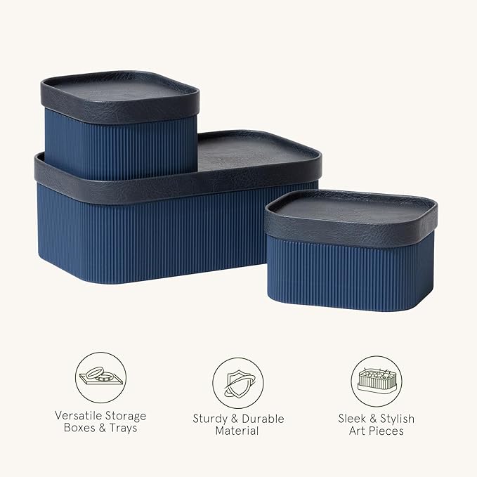 La Jolie Maison Fluted Cardboard Storage Baskets with Vegan Leather Lids, Sturdy Stackable Paper Boxes Decorative Tray, Basket Organizer Bins for Bathroom Bedroom Organizing, Navy Blue, Set of 3