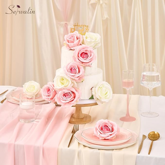 Serwalin 20pcs Artificial Pink & White Roses, 4'' Big Flower Head, Fake Velvet Roses, Silk Roses Long Stems Realistic Bouquet for Wedding Parties Table Centerpiece and Home Decor