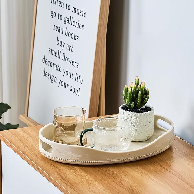 Beige Travertine Marble Serving Tray with Handles - 14x10 inches, Beaded Oval Decorative Tray, Countertop Ottoman Tray for Vanity, Living Room Entryway Table, Perfume Candle Display