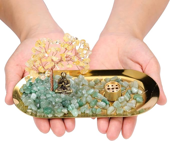 Jovivi Crystal Incense Holder for Sticks, Citrine Healing Crystal Stone Money Tree Buddha Statue Set Incense Burner, Incense Trays for Wealth, Good Luck,Yoga Meditation Home Decor