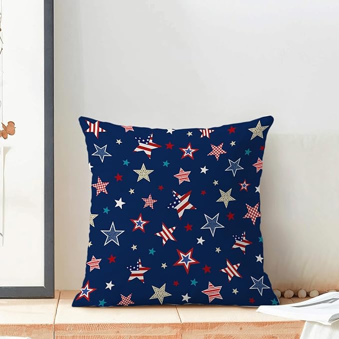 4th of July Pillow Covers 20 x 20 Inch, Blue Red Patriotic Stripes Star Decor Throw Pillows for Couch Bed, American Flag Independence Day Decorative Pillowcase Linen Cushion Cover Set of 2
