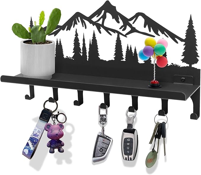Wall Mounted Mountain Key & Mail Holder with Shelf | Metal Key Organizer with 2 in 1 Key Hooks for Entryway, Hallway, Office