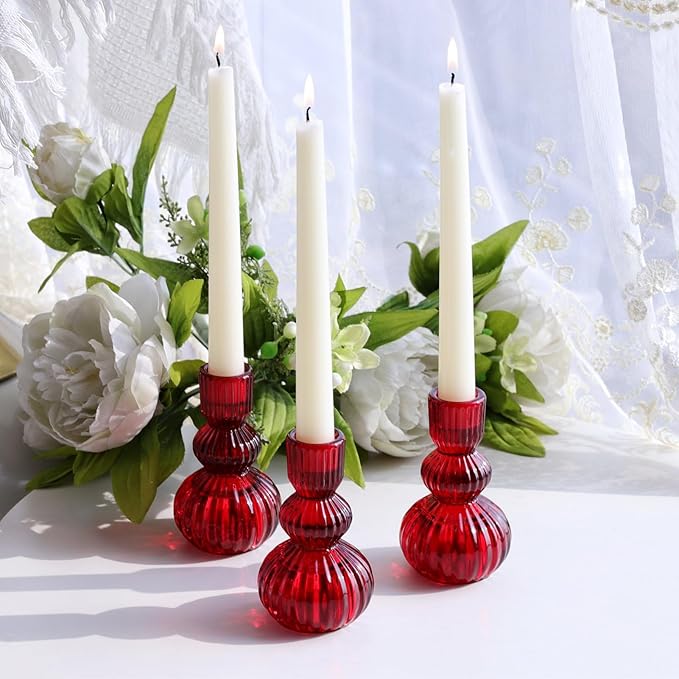 Woho Red Candlestick Holders Set of 3 for Christmas Decorations, 4.3" H Vintage Ribbed Taper Candle Holders for Dining Table, Glass Candle Sticks Holder Decor for Valentines Day/Patriotic Holidays