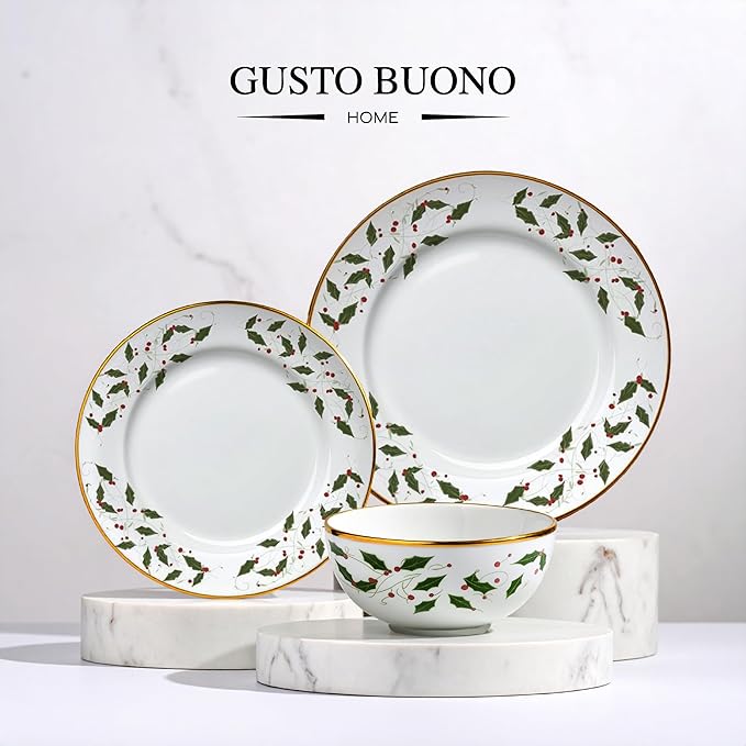 Gusto Buono Christmas World Porcelain 12Pcs Dinnerware Set – Red & Green Holly Leaf Design | 4 Cereal Bowls (5.5”), 4 Salad Plates (7.5”), 4 Dinner Plates (10.5”) - Perfect for Holiday Meals