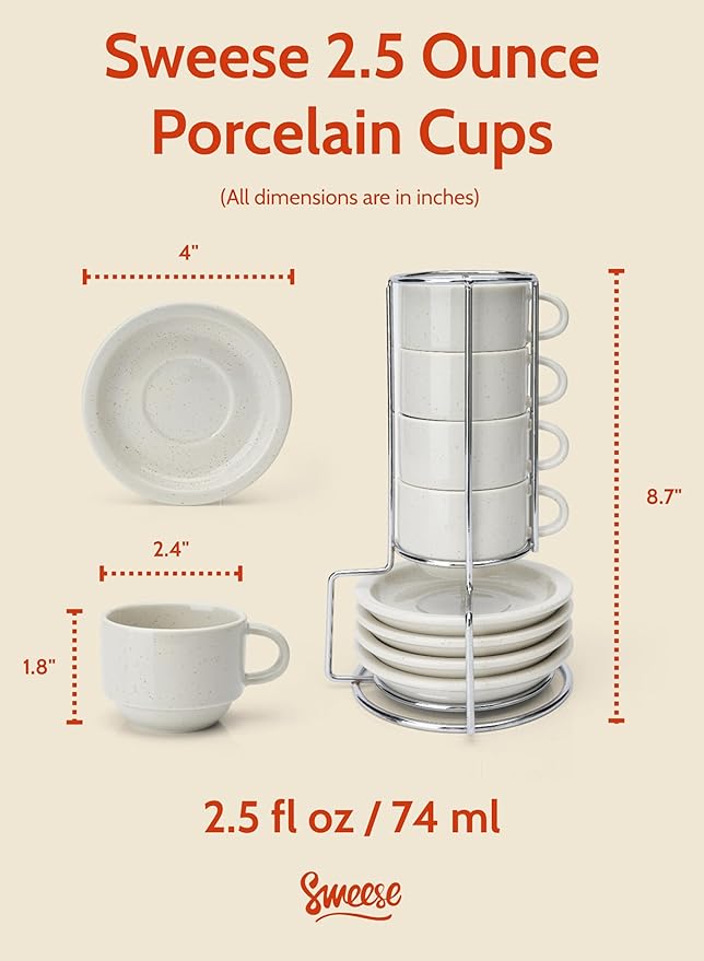 Sweese Porcelain Espresso Cups Set, 2.5 oz, with Saucers, Metal Stand, Stackable - Dove Grey, 4 Pack