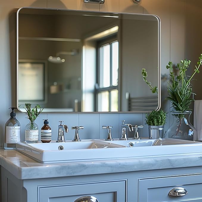 ANDY STAR Chrome Mirror for Bathroom, 30x36 Metal Frame Wall Mirror with Rounded Corner, Modern Rectangle Bathroom Vanity Mirror with Polish Finish…