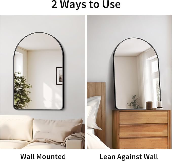 FORBATH Arched Bathroom Mirror 24x36 Inch,Bathroom Mirror Wall Mounted Modern Black Aluminum Alloy Frame Decor Dresser Mirror for Bedroom Living Room Entryway, Hanging or Leaning Against Wall