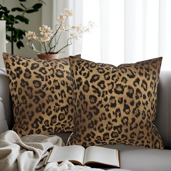 Leopard Pillow Covers 18x18 - Brown Animal Print Throw Pillow Covers Set of 2 Cheetah Pillowcases for Couch Sofa