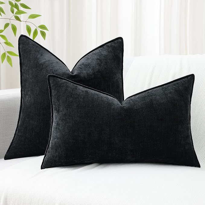 decorUhome Couch Throw Pillow Covers 22x22 Set of 2, Decorative Soft Euro Neutral Chenille Pillow Covers with Elegant Design for Sofa Bed Living Room Home Decor, Black