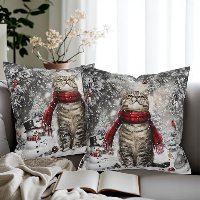 Winter Pillow Covers 18x18 - Cat Throw Pillow Covers Set of 2 Christmas Kitten Snowflake Pillowcases for Couch Sofa