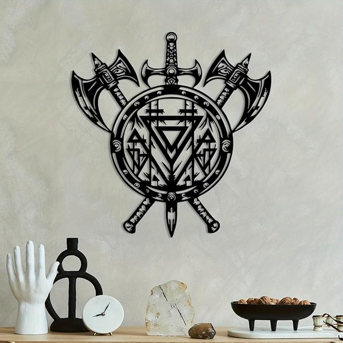 YBLCOZYC Axe & Shield Metal Wall Art - Rustic Scandinavian Viking Decor with Norse Compass Design, Handcrafted Iron Wall Hanging - Unique Nordic Gift for Home, Office & Man Cave