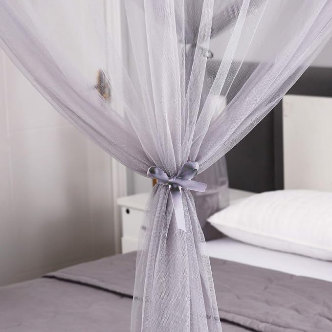 Mengersi 4 Corner Post Elegant Canopy Bed Curtains for Full Queen King Bed,Mosquito Net Suitable for Indoor Outdoor Net(Gray, L87xW79xH98 inch)