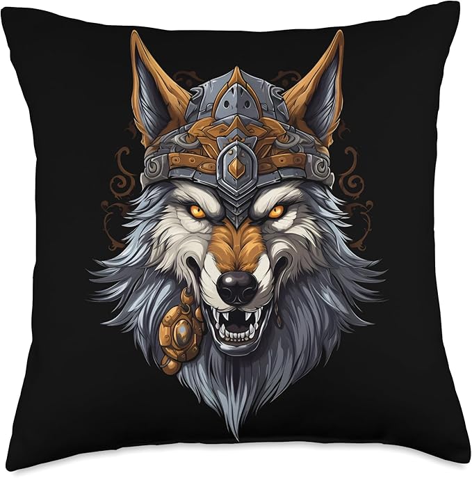 Vikings Scandinavian Wolf Lover Wolf Wearing Viking Helmet Nordic Norse Mythology Norwegian Throw Pillow, 18x18, Multicolor