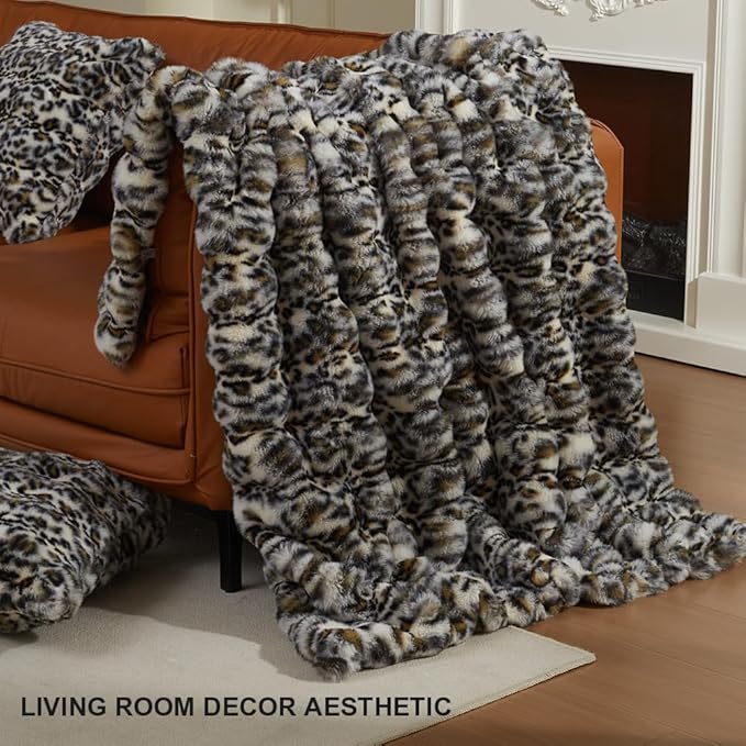 Soft Faux Rabbit Fur Black Throw Blanket Luxury Super Comfy Ultra Cozy Thick Warm Fluffy Blanket for Couch Chair Sofa Bed Living Room Camping, Plush Fuzzy Bubble Blanket, 970 GSM
