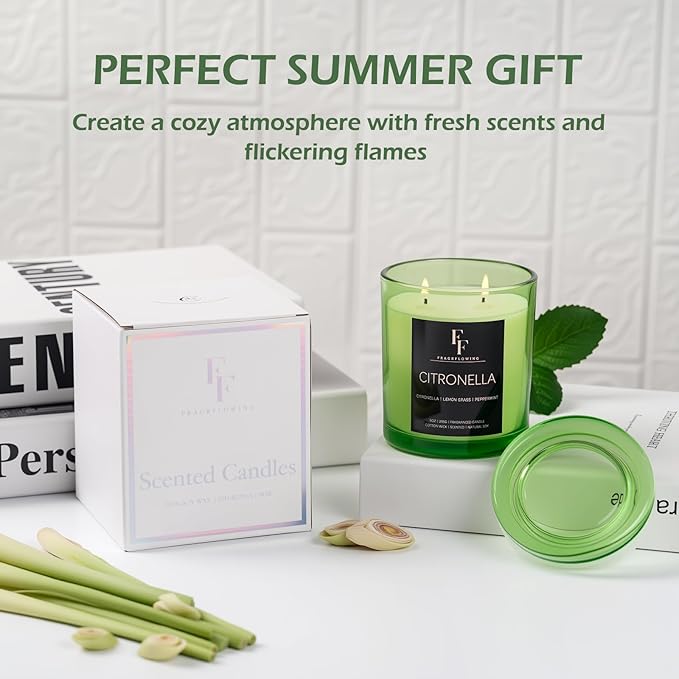 Citronella Candles Outdoor, 2-Wick Outdoor Indoor Scented Candle, Jar Candles for Home Scented, Long Lasting Natural Soy Candle, Summer Scents of Citronella/Lemon Grass/Peppermint, 9 oz