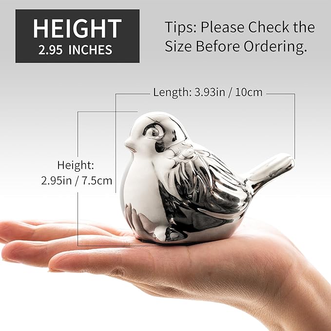 Set of 2 Small Birds Statues Silver Home Decor Modern Boho Style Figurine Decorative Ornaments for Living Room, Bedroom, Office Desktop, Cabinets, Shelf